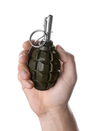 Photo of Man holding hand grenade on white background, closeup