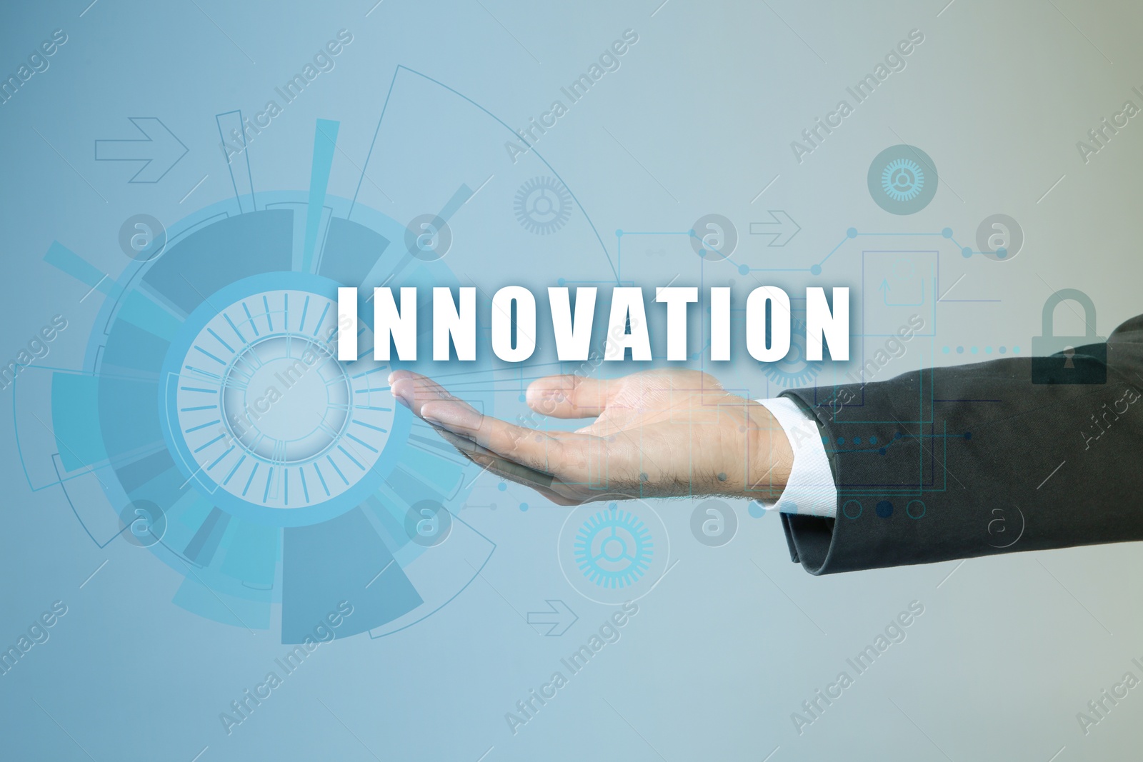 Image of Man holding digital word Innovation against color background, closeup