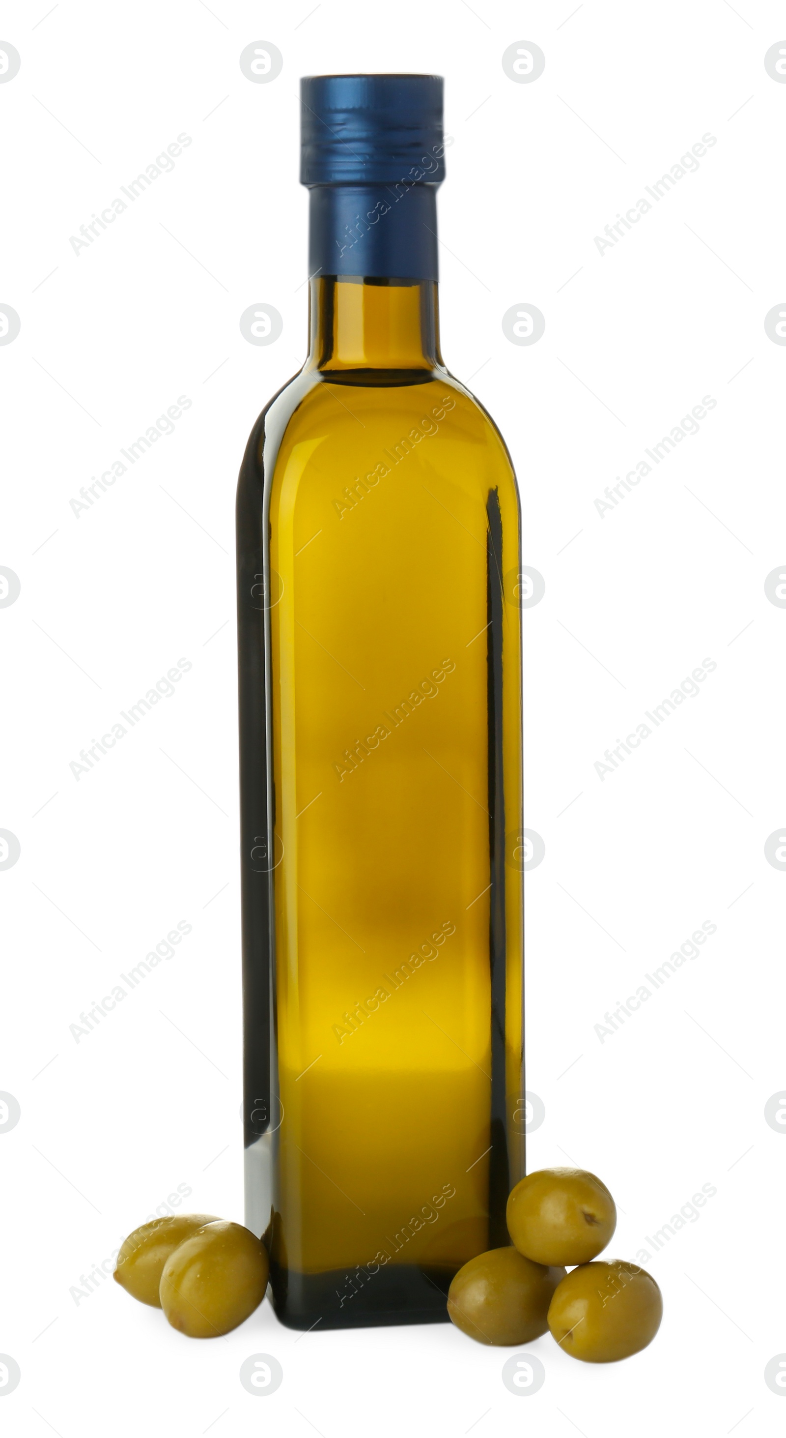 Photo of Vegetable fats. Olive oil in glass bottle and olives isolated on white