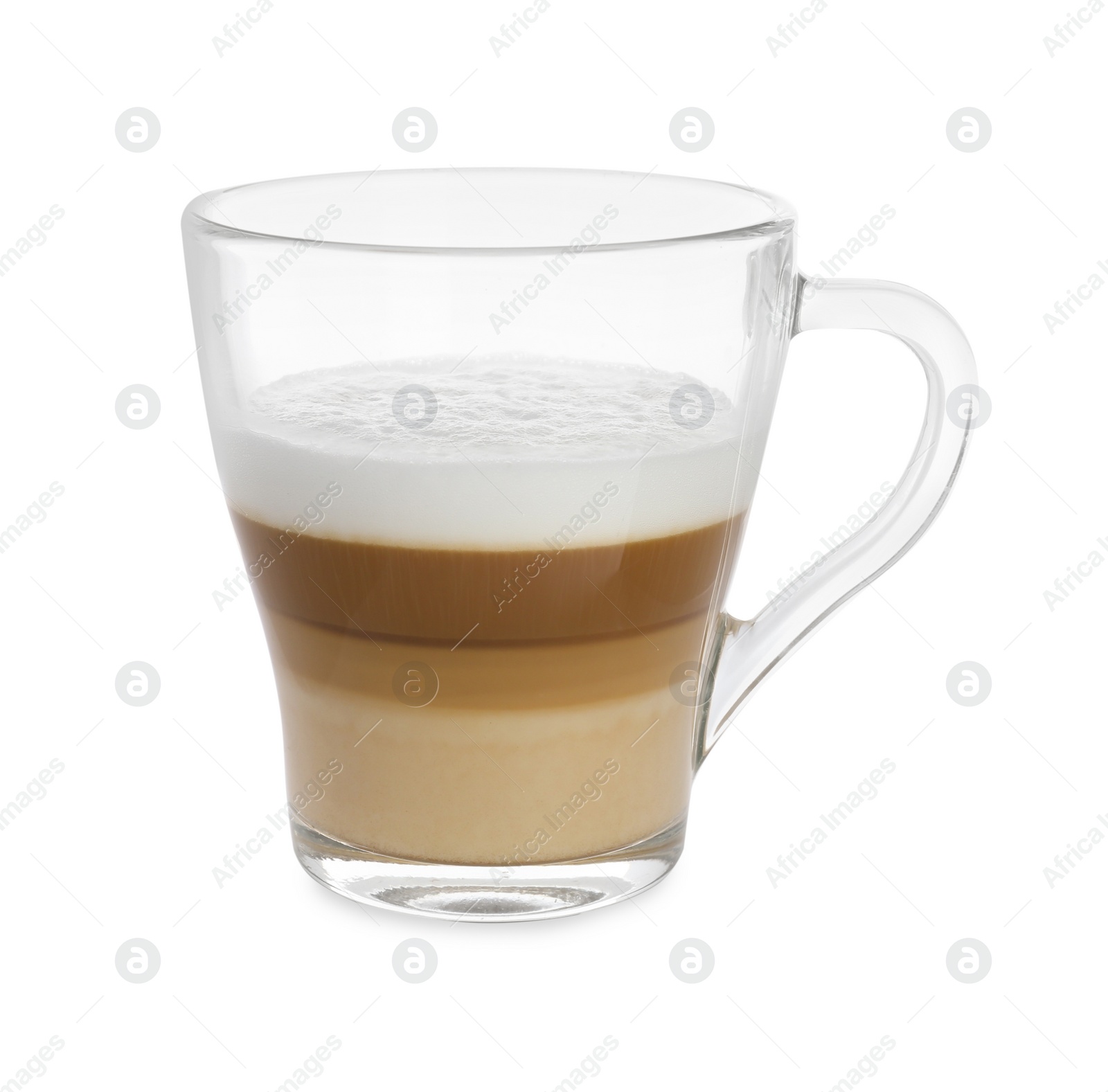 Photo of Glass cup of aromatic coffee with milk isolated on white