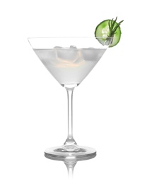 Photo of Glass of tasty martini with cucumber and rosemary on white background