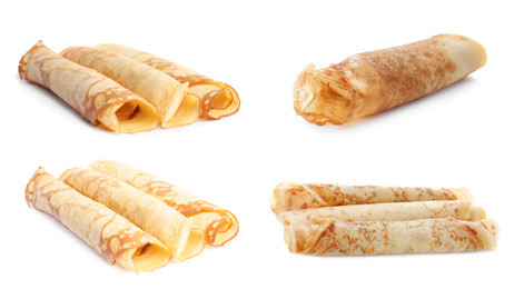 Image of Set of tasty thin pancakes on white background. Banner design