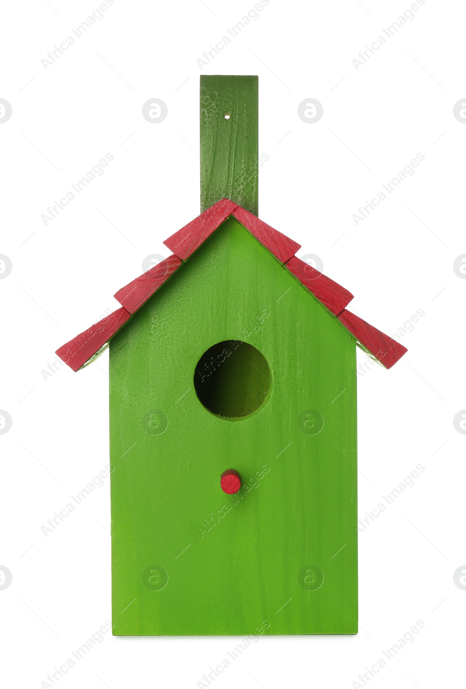 Photo of Beautiful green wooden bird box isolated on white