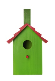 Photo of Beautiful green wooden bird box isolated on white