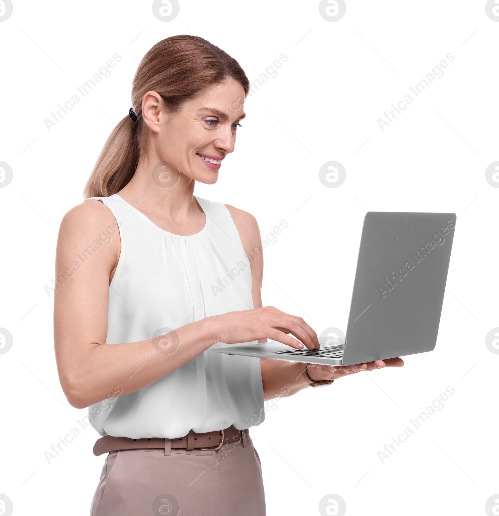 Photo of Beautiful happy businesswoman using laptop on white background