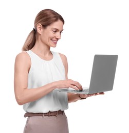 Beautiful happy businesswoman using laptop on white background