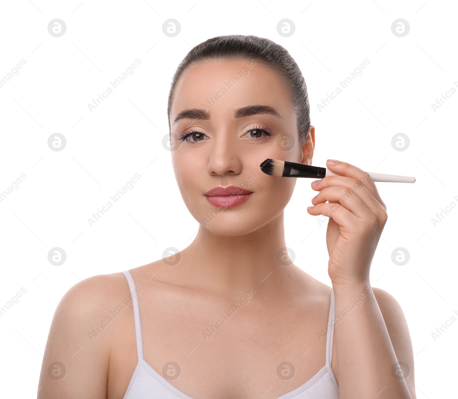 Photo of Woman with makeup brush on white background