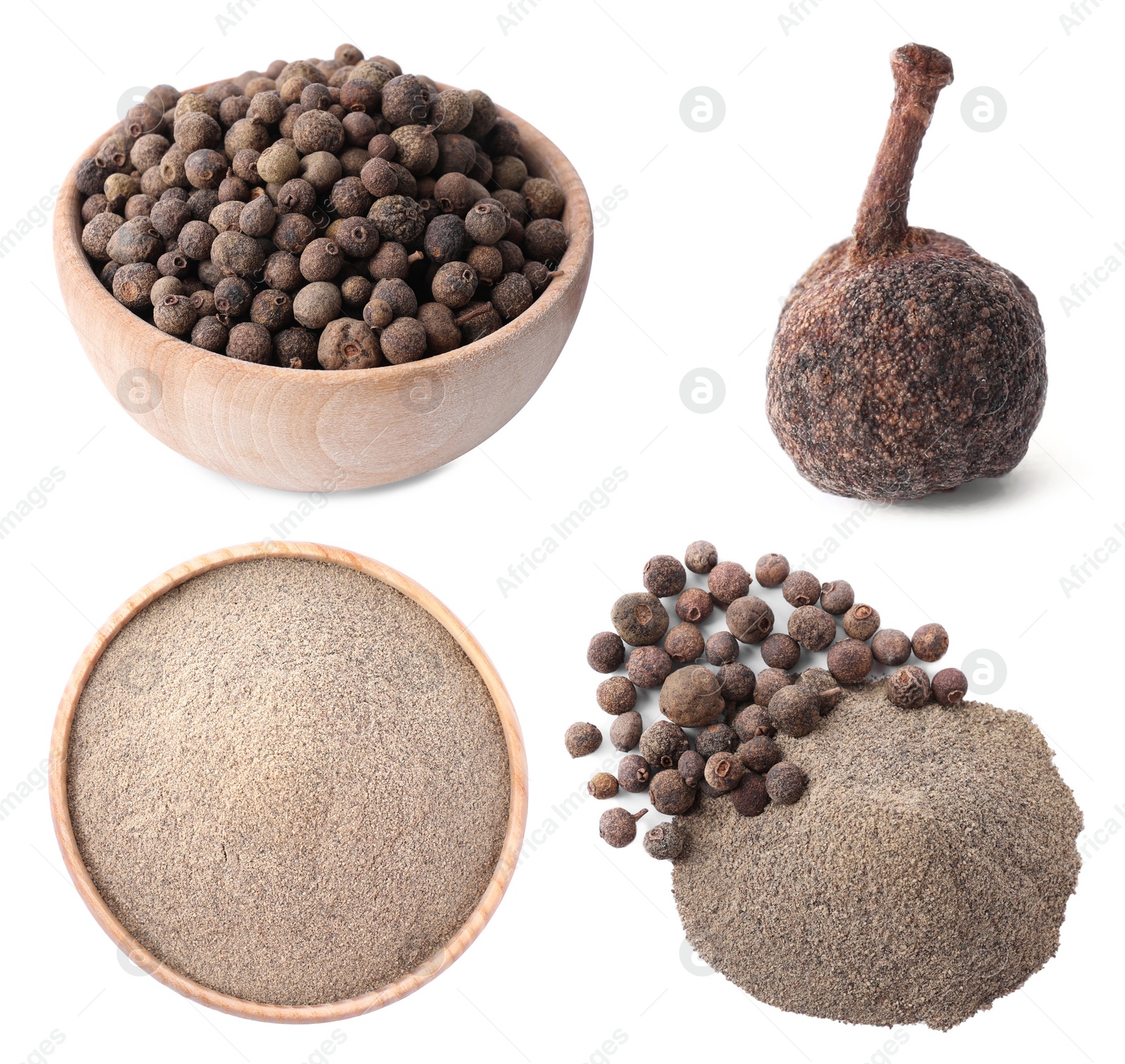 Image of Set of ground pepper and grains on white background