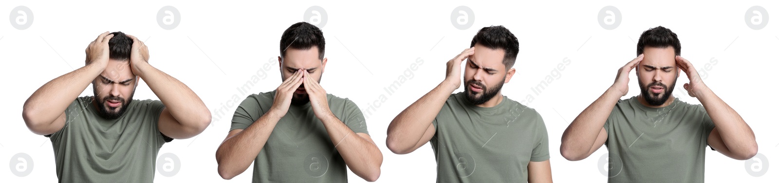 Image of Collage with photos of young man suffering from headache on white background. Banner design