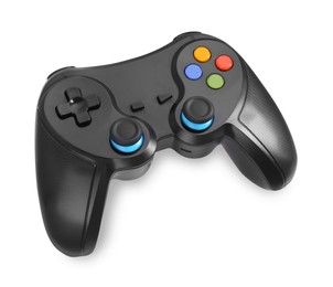 Photo of Black wireless controller on white background, above view