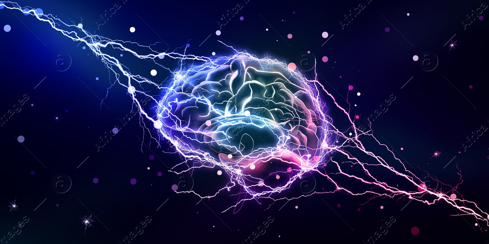 Illustration of  human brain with lightning strikes on color background. Banner design