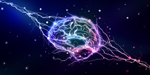 Illustration of  human brain with lightning strikes on color background. Banner design