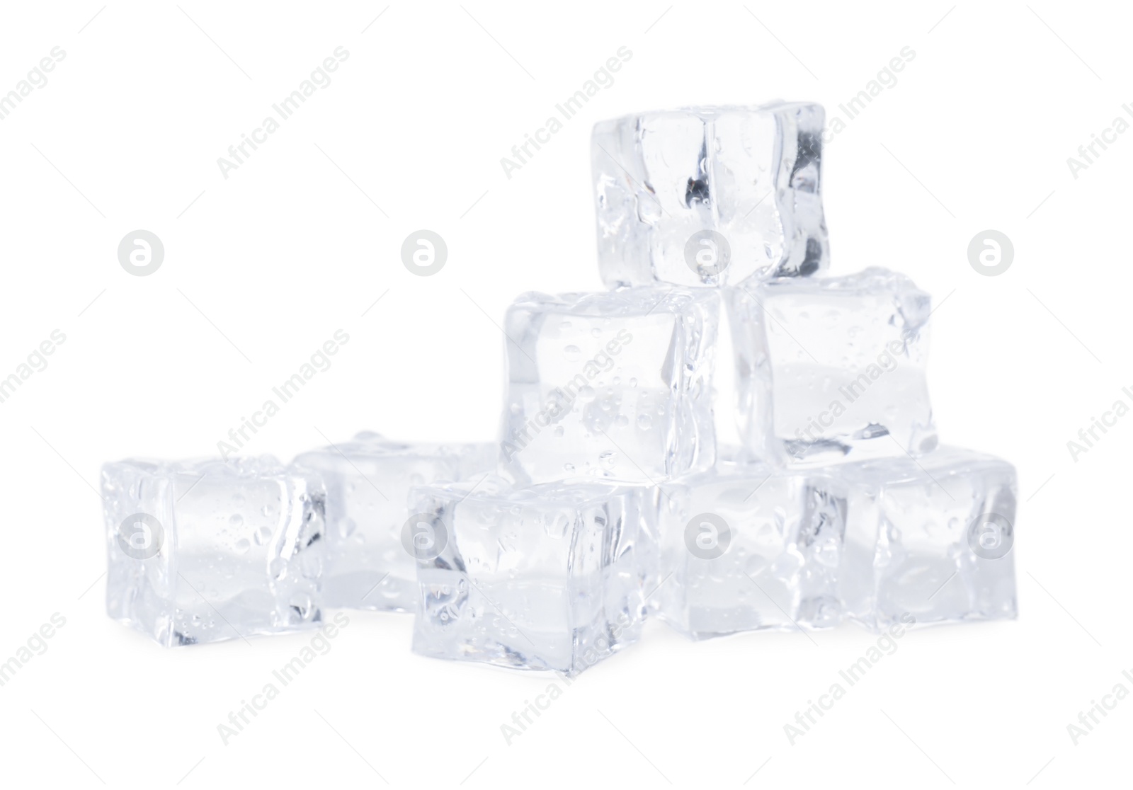 Photo of Many crystal clear ice cubes isolated on white