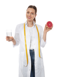 Photo of Nutritionist with glass of water and grapefruit on white background