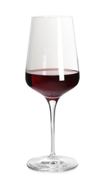 Glass of delicious expensive red wine on white background