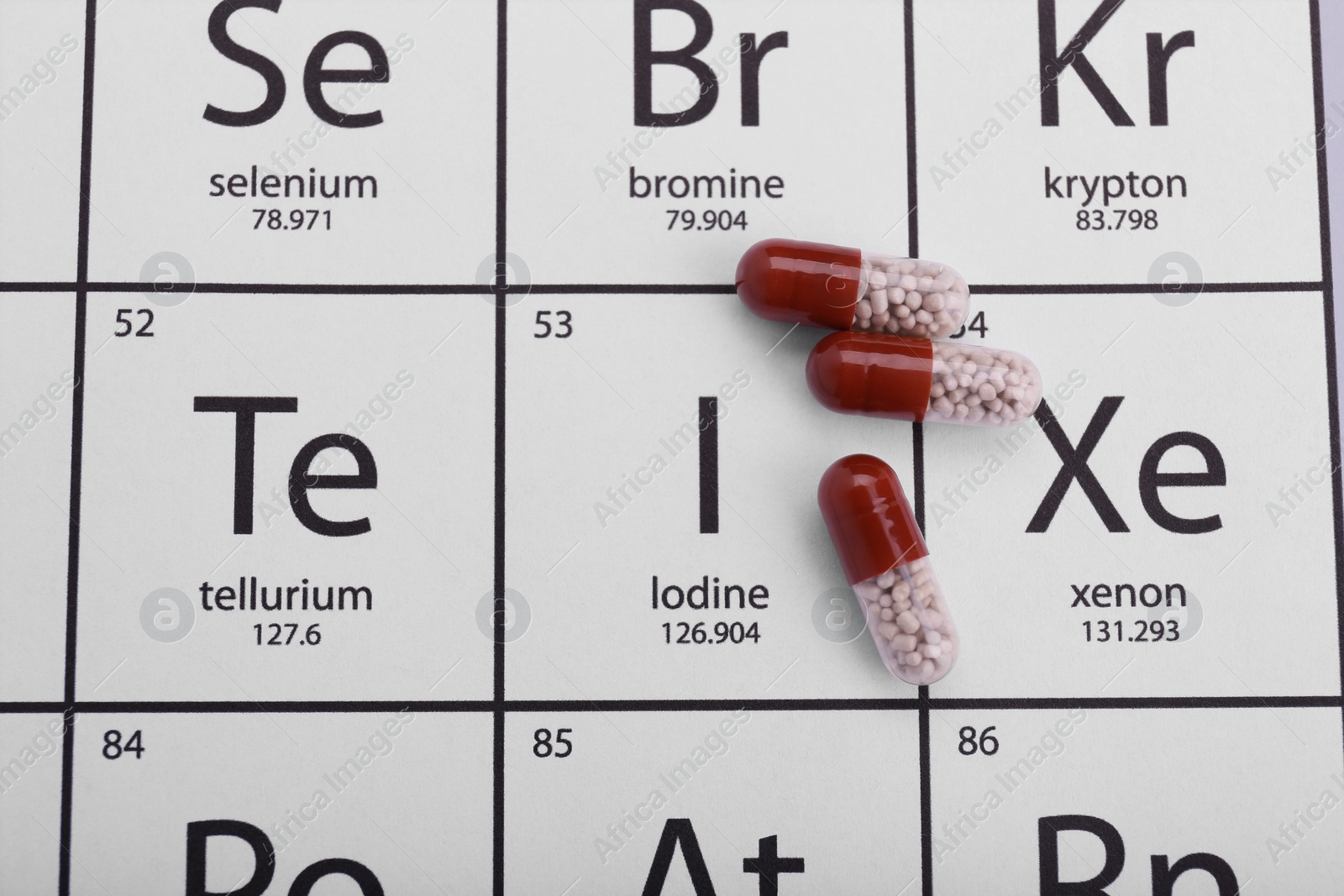 Photo of Symbol Iodine and pills on periodic table of elements, top view