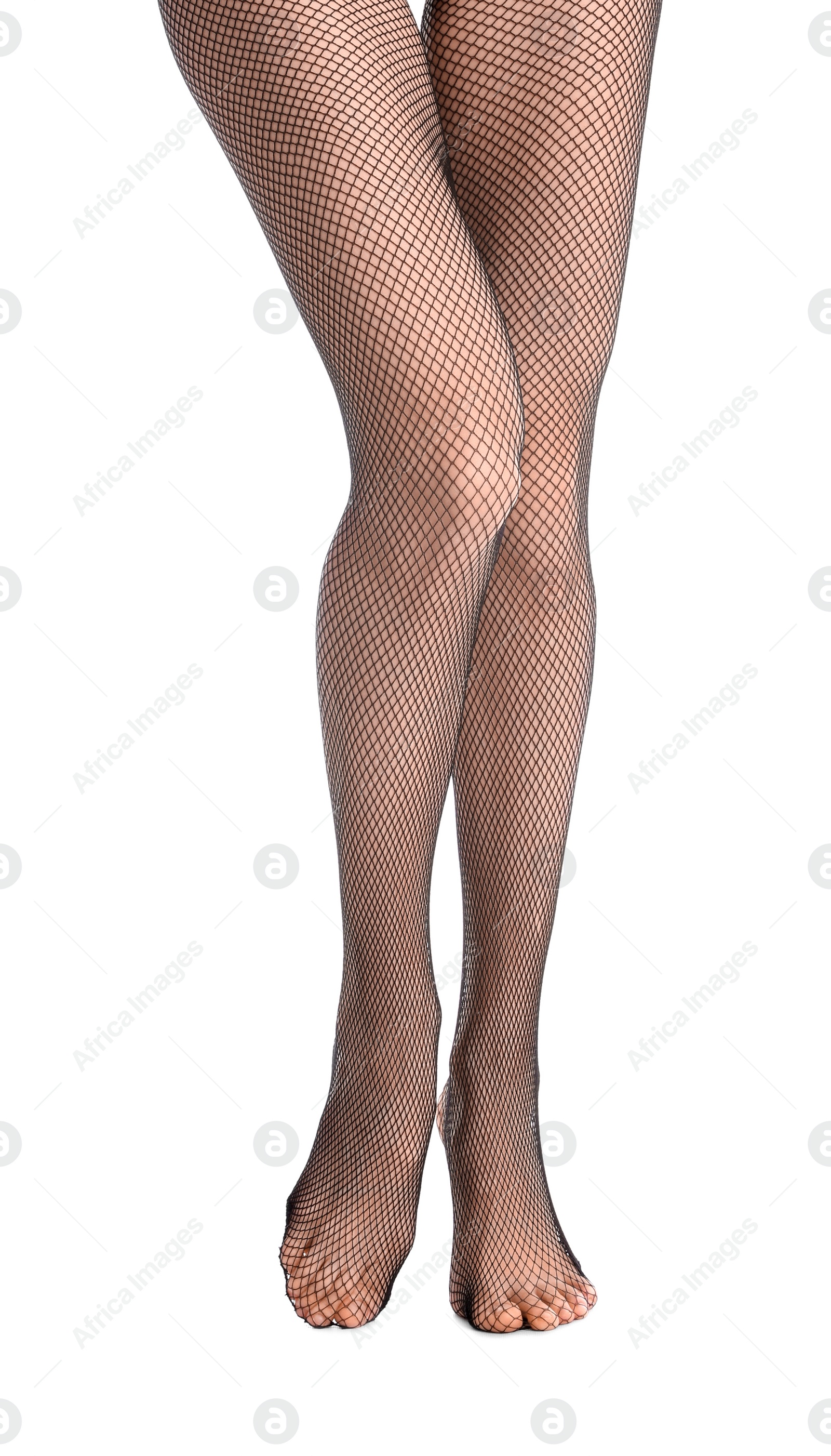 Photo of Woman wearing black tights isolated on white, closeup of legs