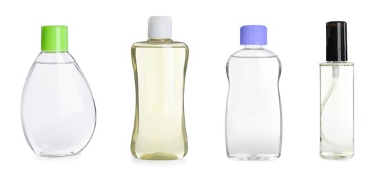 Image of Set with bottles of baby oil on white background. Banner design