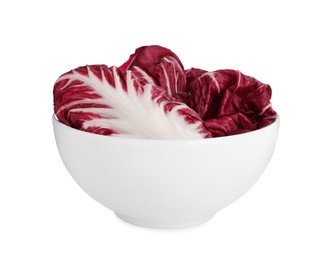 Photo of Leaves of ripe radicchio in bowl on white background