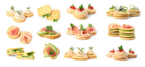 Image of Delicious crackers with different toppings isolated on white, set