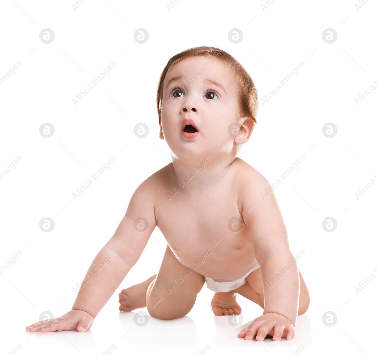 Photo of Cute little baby crawling on white background