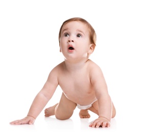 Cute little baby crawling on white background