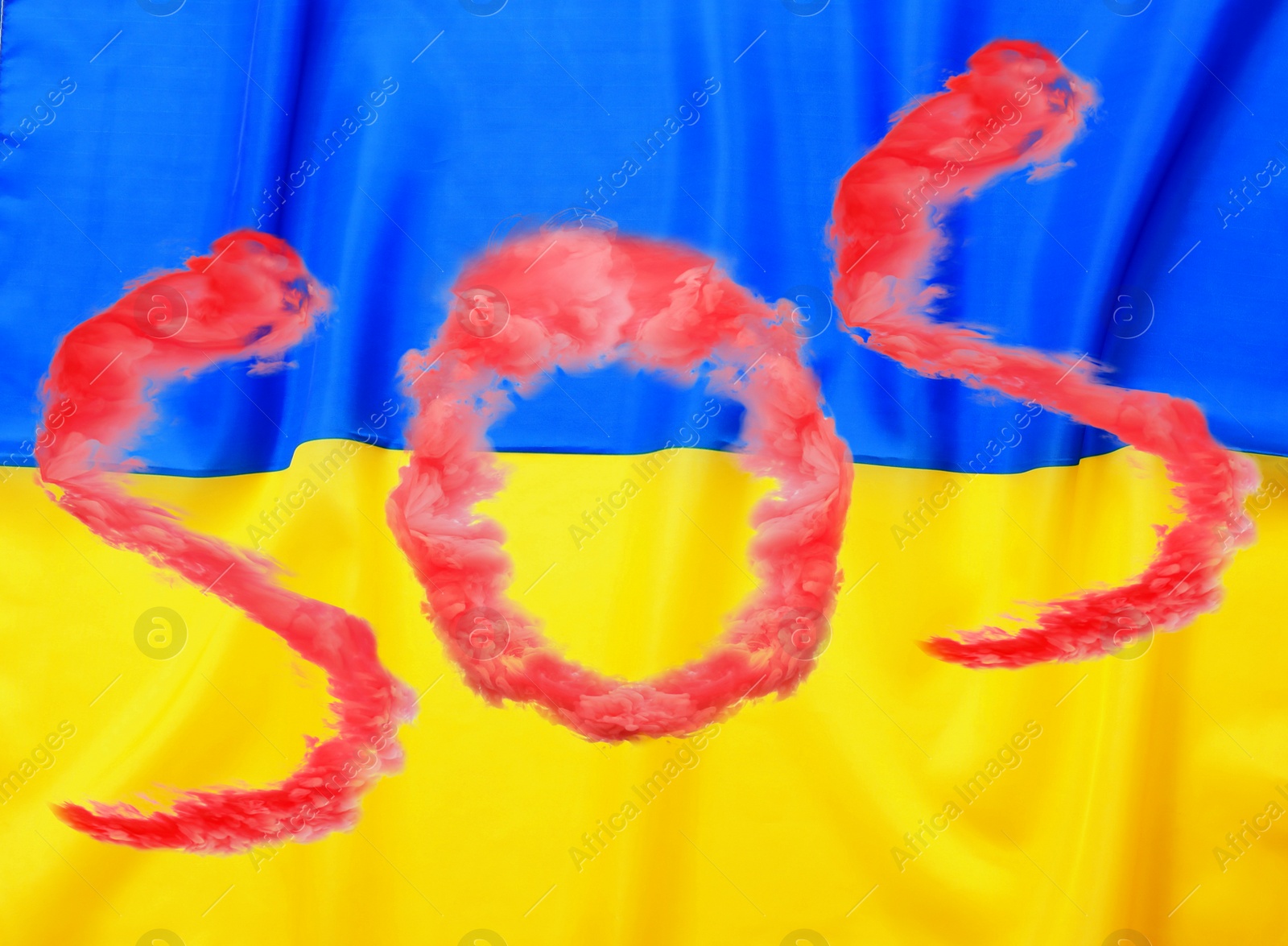 Image of Word SOS made of red smoke and national flag of Ukraine on background