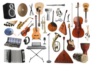 Image of Collection of different musical instruments on white background