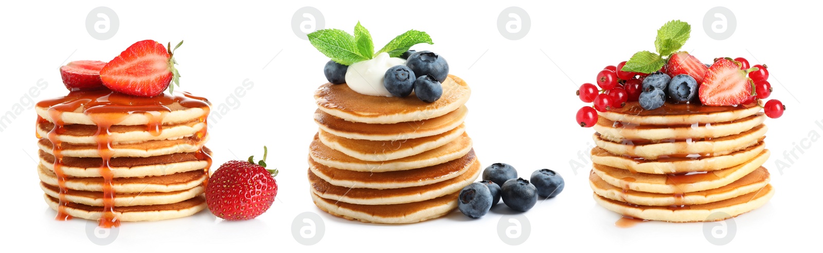 Image of Set of delicious pancakes with different toppings on white background, banner design 