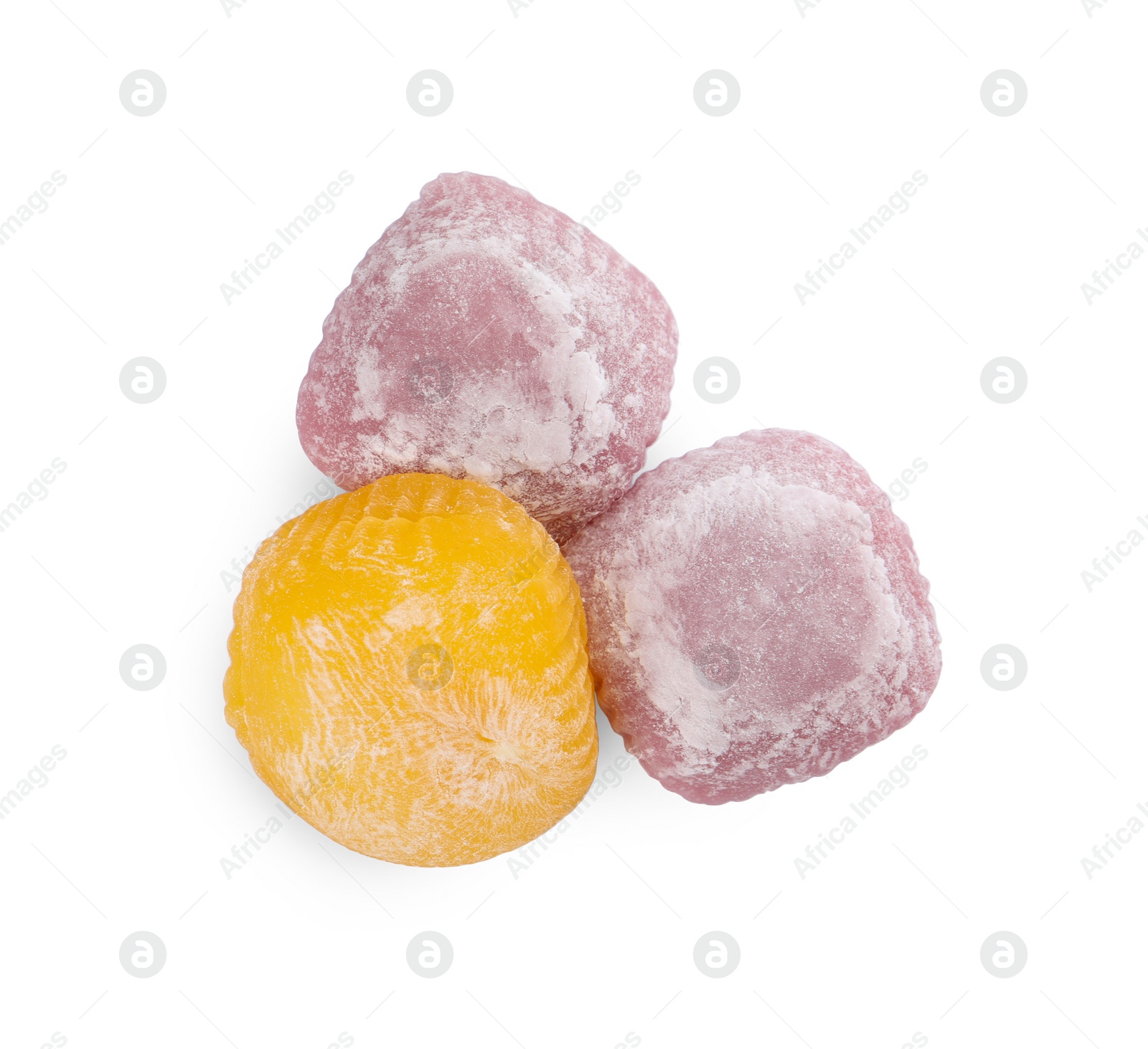 Photo of Different delicious mochi on white background,top view. Japanese cuisine