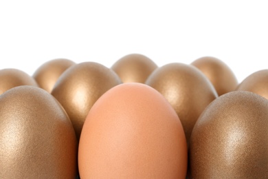 Golden eggs with different one on white background