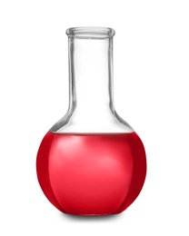 Laboratory glassware with color sample on white background. Solution chemistry