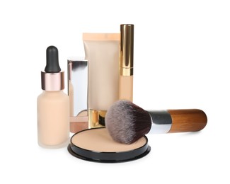 Photo of Foundation makeup products on white background. Decorative cosmetics