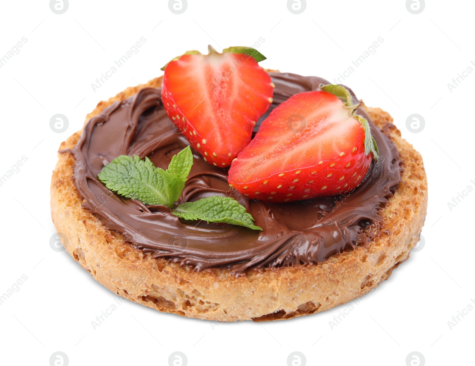 Photo of Tasty organic rusk with chocolate spread, strawberry and mint isolated on white