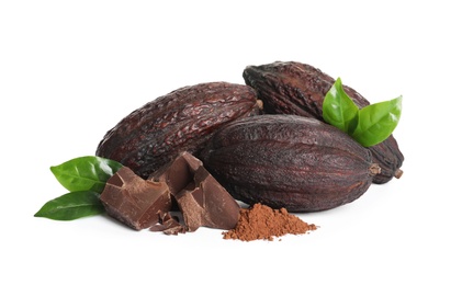 Photo of Composition with cocoa products on white background