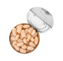 Photo of Tin can with conserved beans on white background, top view