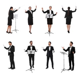 Collage with photos of professional conductors with baton on white background