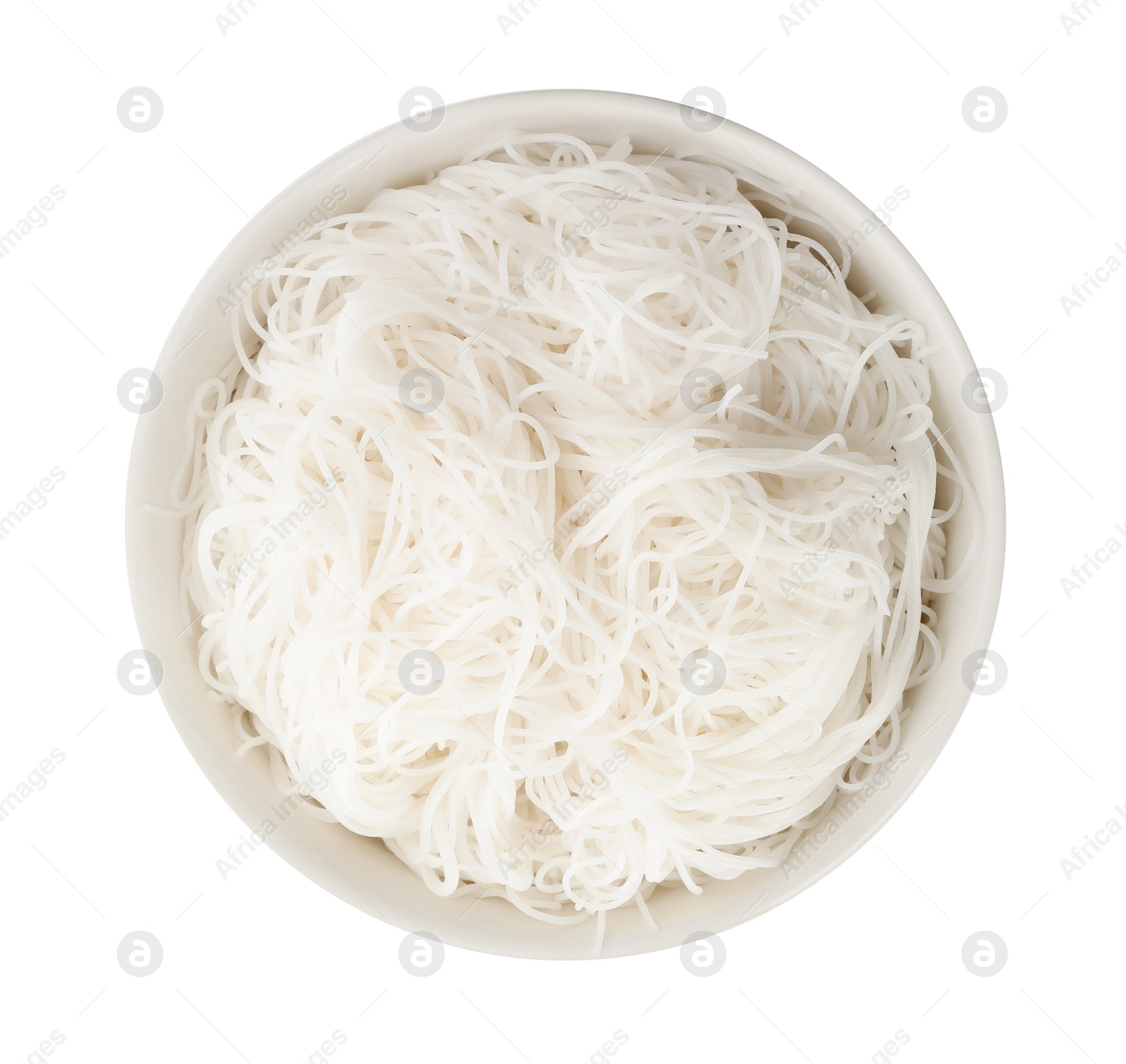 Photo of Bowl with rice noodles isolated on white, top view