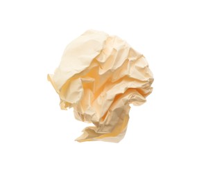 Photo of Crumpled sheet of beige paper isolated on white, top view