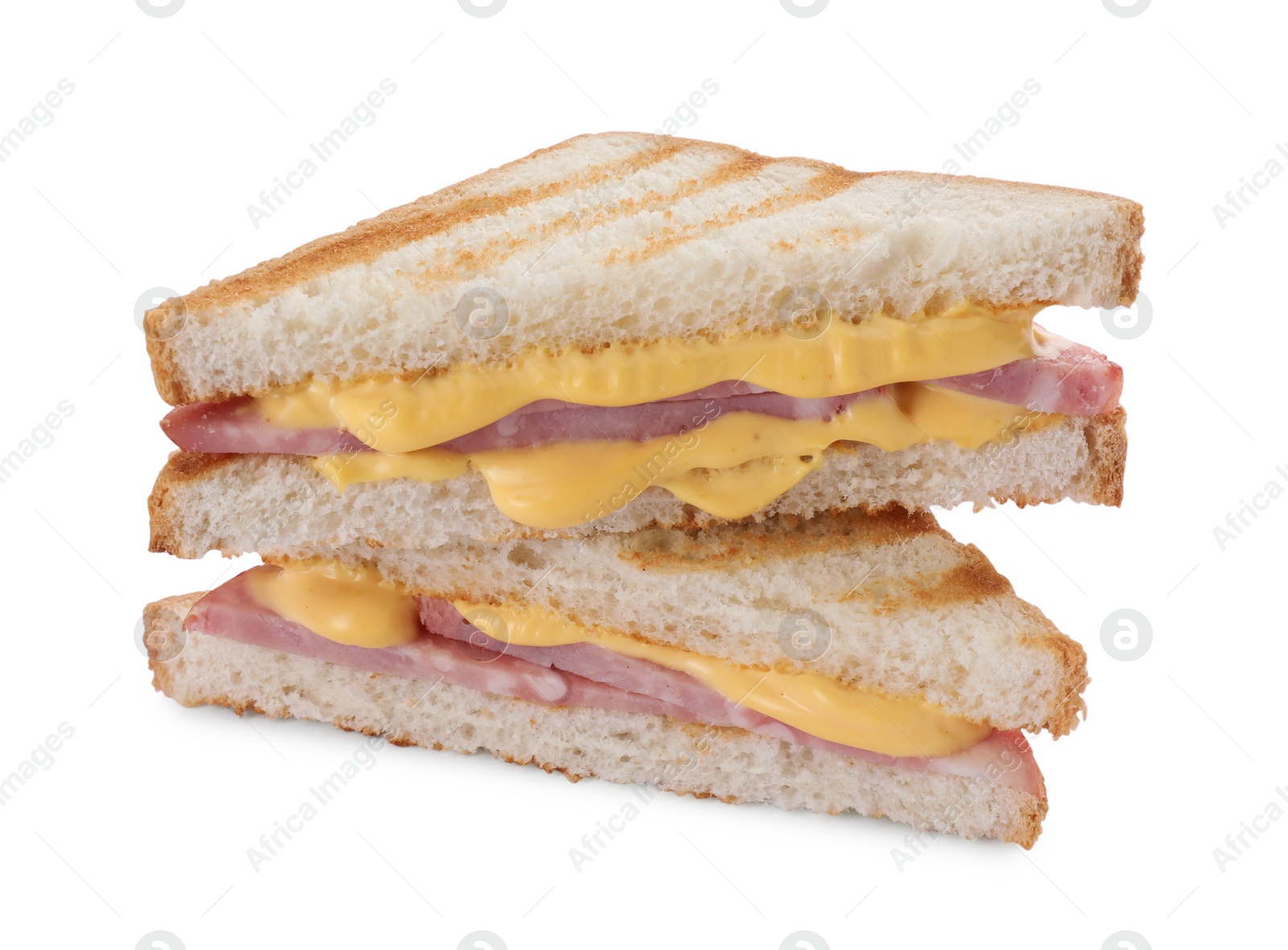 Tasty sandwiches with ham and melted cheese isolated on white Photo of Tasty sandwiches with ham and melted cheese isolated on white