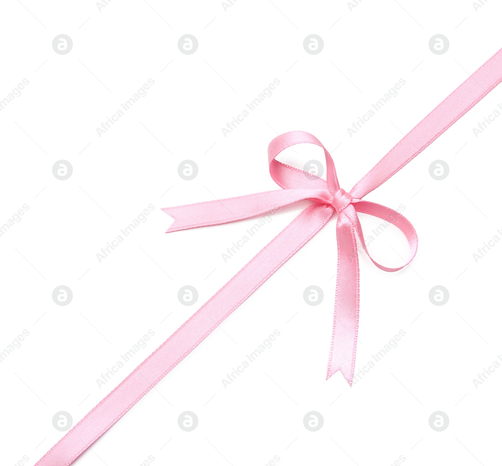 Photo of Pink satin ribbon with bow on white background, top view