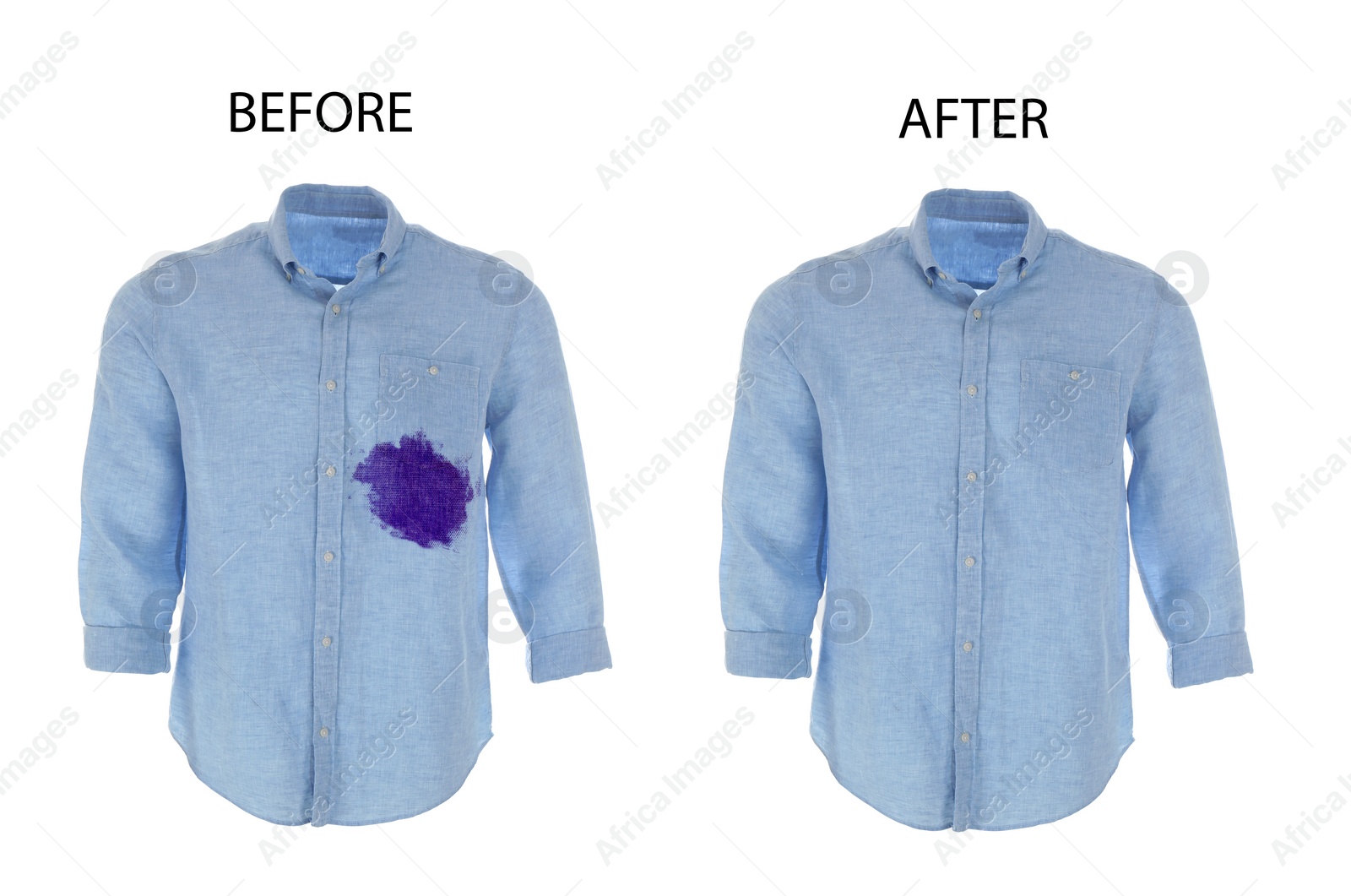 Image of Collage with dirty and clean shirt isolated on white. Before and after washing