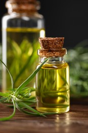 Photo of Bottles of essential oil and fresh tarragon leaves on wooden table, closeup