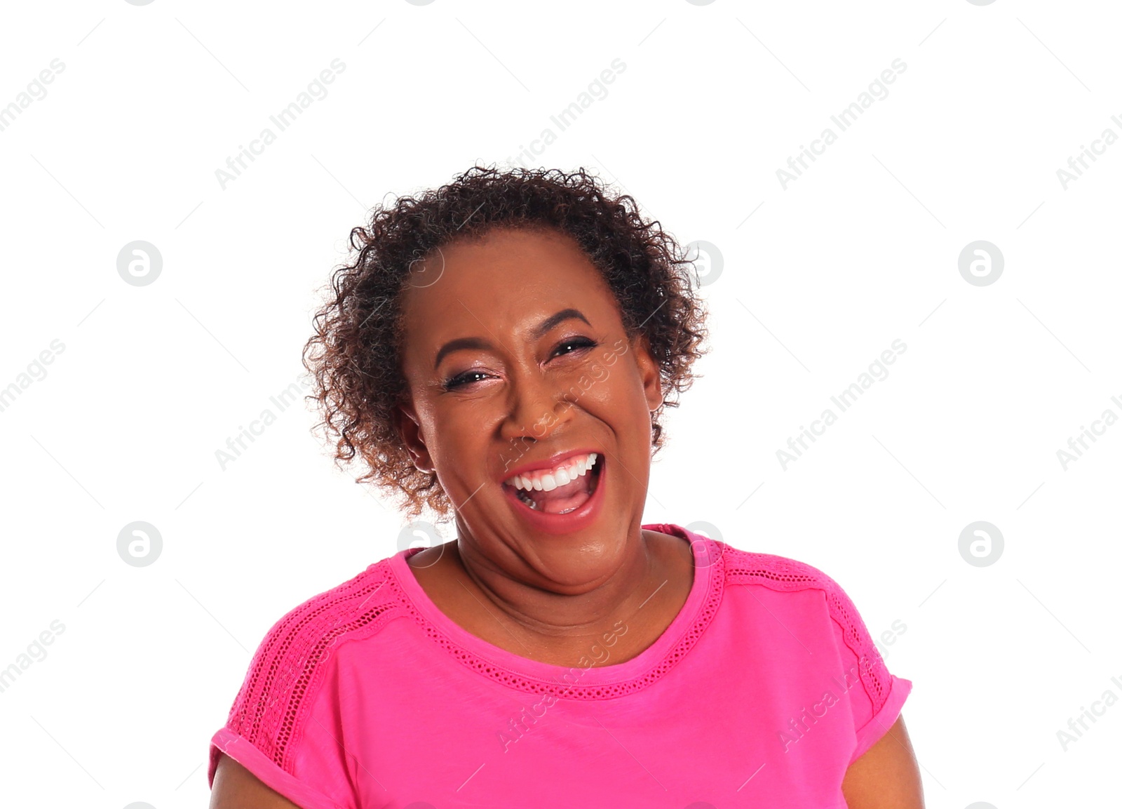 Photo of Portrait of happy African-American woman on white background