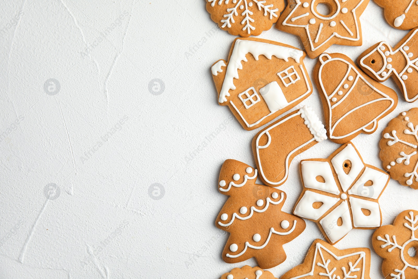 Photo of Tasty homemade Christmas cookies on table, top view