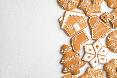 Photo of Tasty homemade Christmas cookies on table, top view