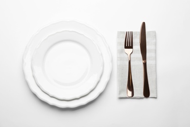 Photo of Elegant table setting on white background, top view