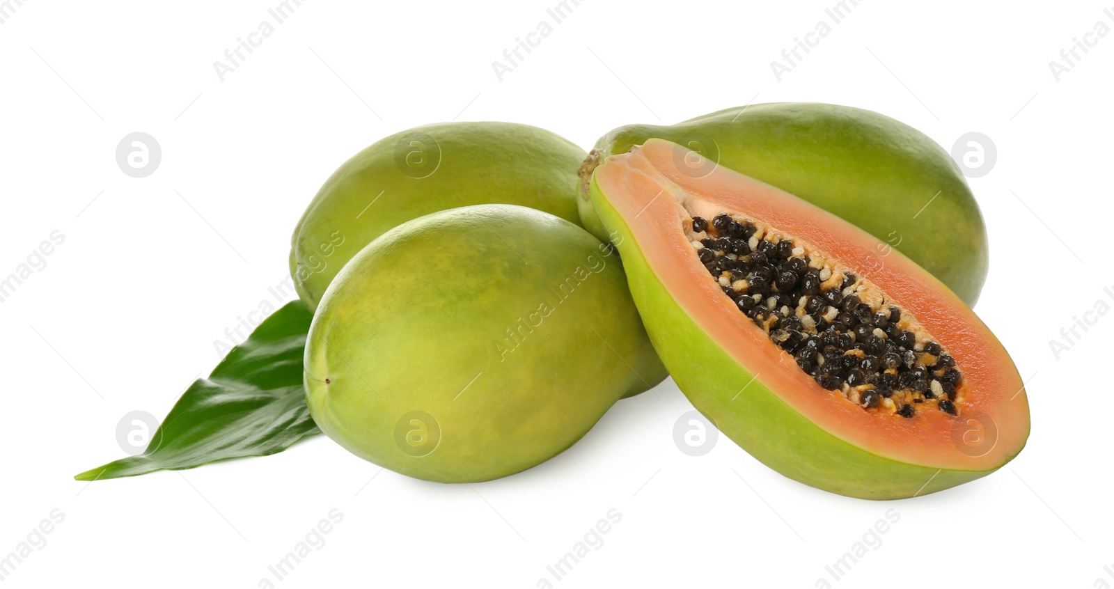 Photo of Fresh ripe papaya fruits with green leaf on white background