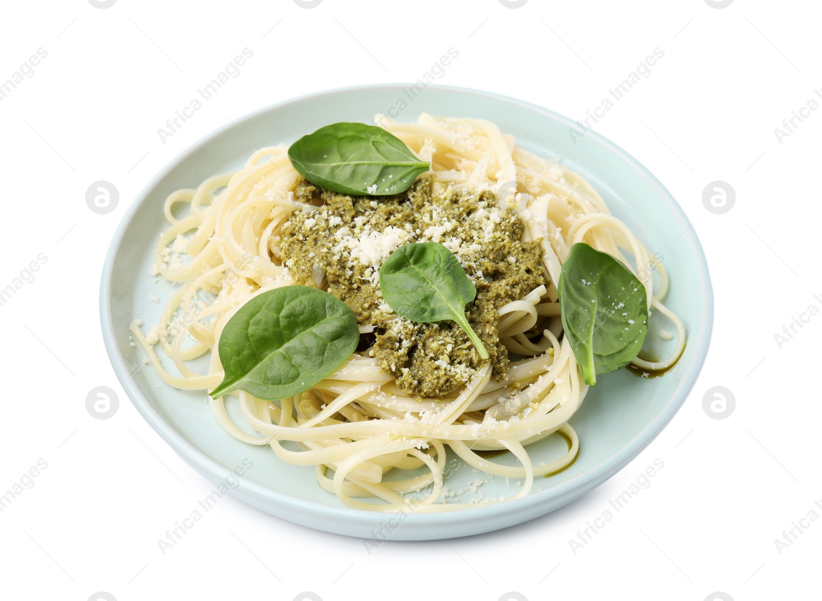 Photo of Tasty pasta with spinach, cheese and sauce isolated on white