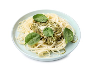 Tasty pasta with spinach, cheese and sauce isolated on white